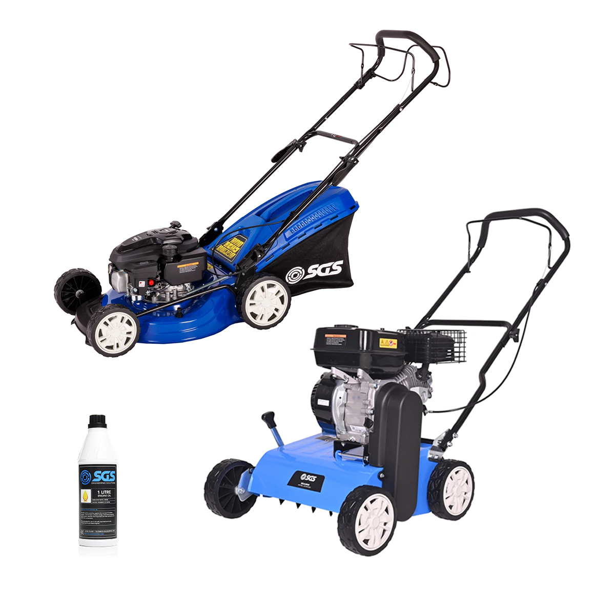 SGS Lawn Care Bundle, 46cm Petrol Lawnmower, SGS Petrol Scarifier and Engine Oil